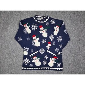 Vintage 90s Private Eyes Snowman Sweater Womens L Navy Ugly Christmas Knit USA